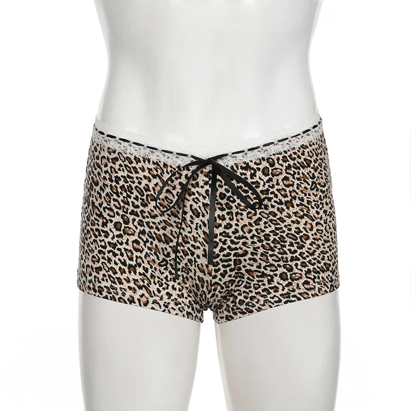 CIBBAR Hot Sexy Leopard Print Shorts Streetwear y2k Lace Patchwork Bow Low Rise Skinny Short Pants Women Vintage 2000s Clothing - Tasawoq