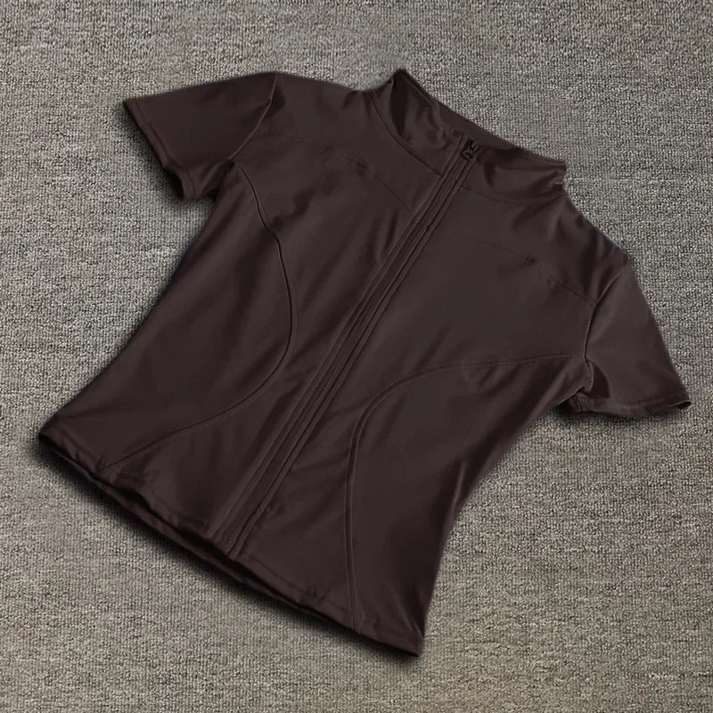 Summer High Quality Waist Slimming Training Tops Women's Quick-drying Tight Stand Collar Full Zipper Short Sleeves Yoga shirts - Tasawoq