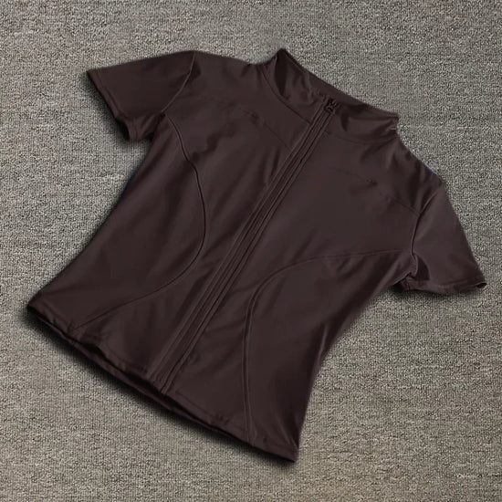 Summer High Quality Waist Slimming Training Tops Women's Quick-drying Tight Stand Collar Full Zipper Short Sleeves Yoga shirts - Tasawoq