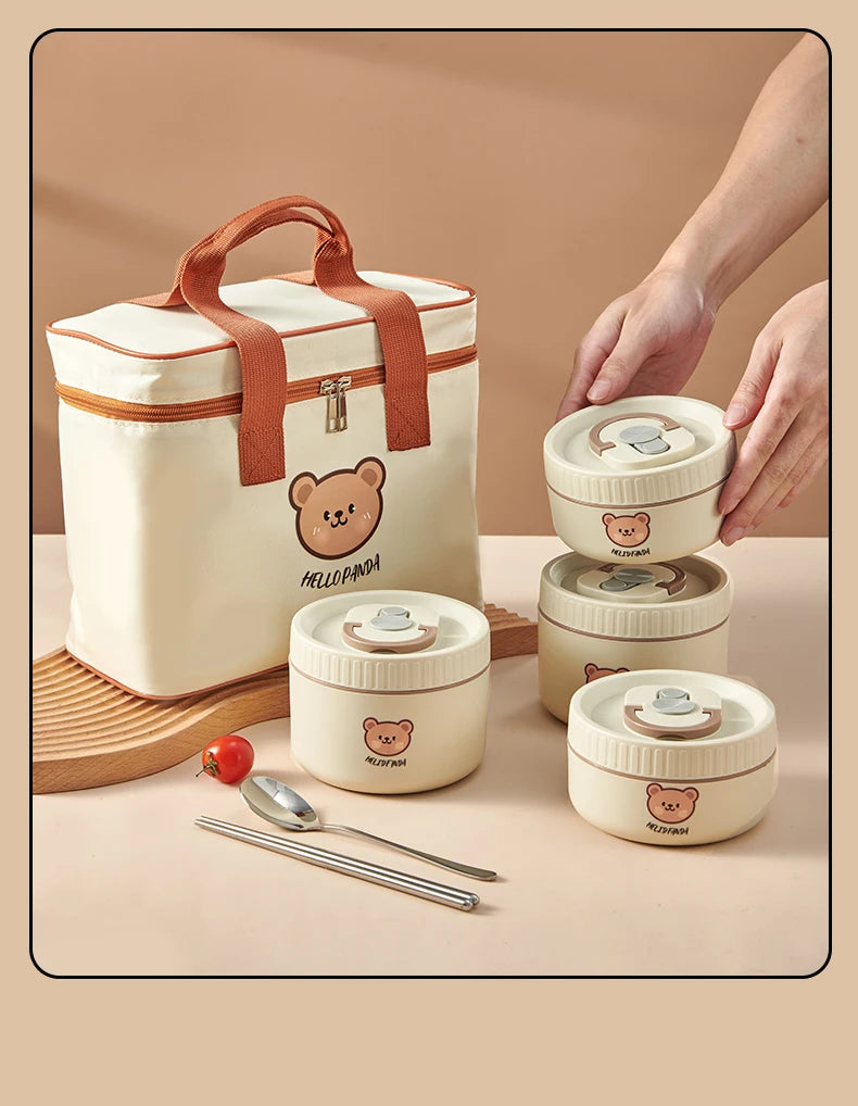 WORTHBUY Cute Bear 304 Stainless Steel Thermal Lunch Box For Kids Adults Portable Microwave Bento Box Leak Proof Food Container