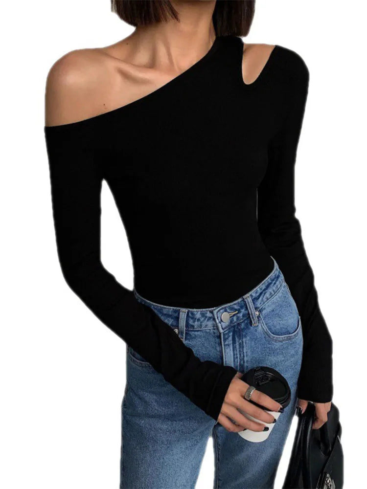 Fashion Skew Collar Off-shoulder Long-sleeved T-shirts Women Spring New Solid Slim Fit Crop Top Sexy Hollow Out Tees Shirts - Tasawoq