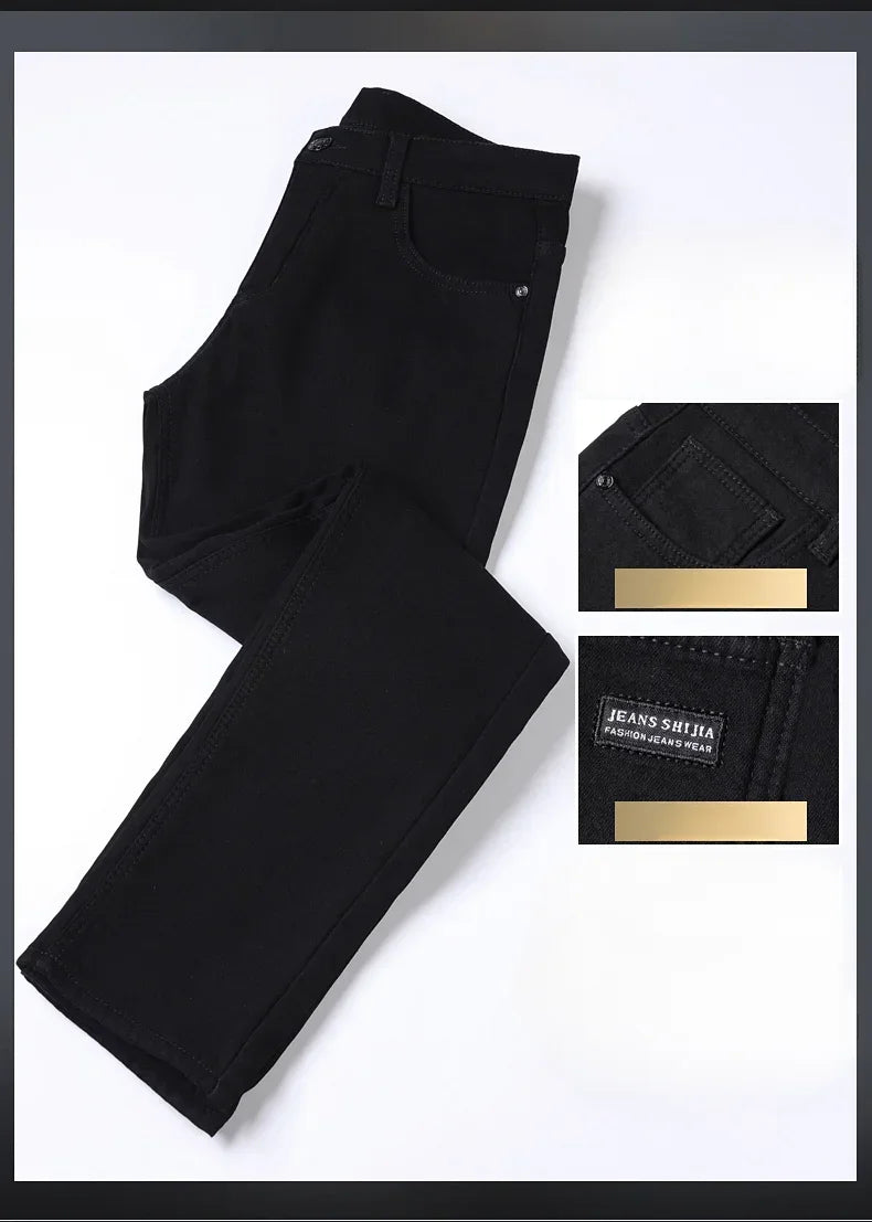 WTHINLEE Winter Men Black Straight Stretch Denim Thick Velvet Pants Warm Jeans Casual Fleece Line Trousers Male Plus Size - Tasawoq