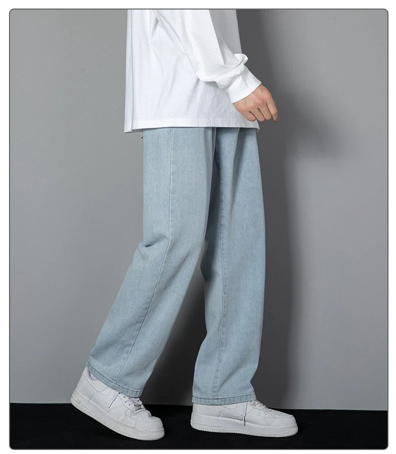 2025 New Korean Men's Casual Long Jeans Classic Man Straight Denim Wide-leg Pants Solid Color Light Blue Grey Black - Tasawoq