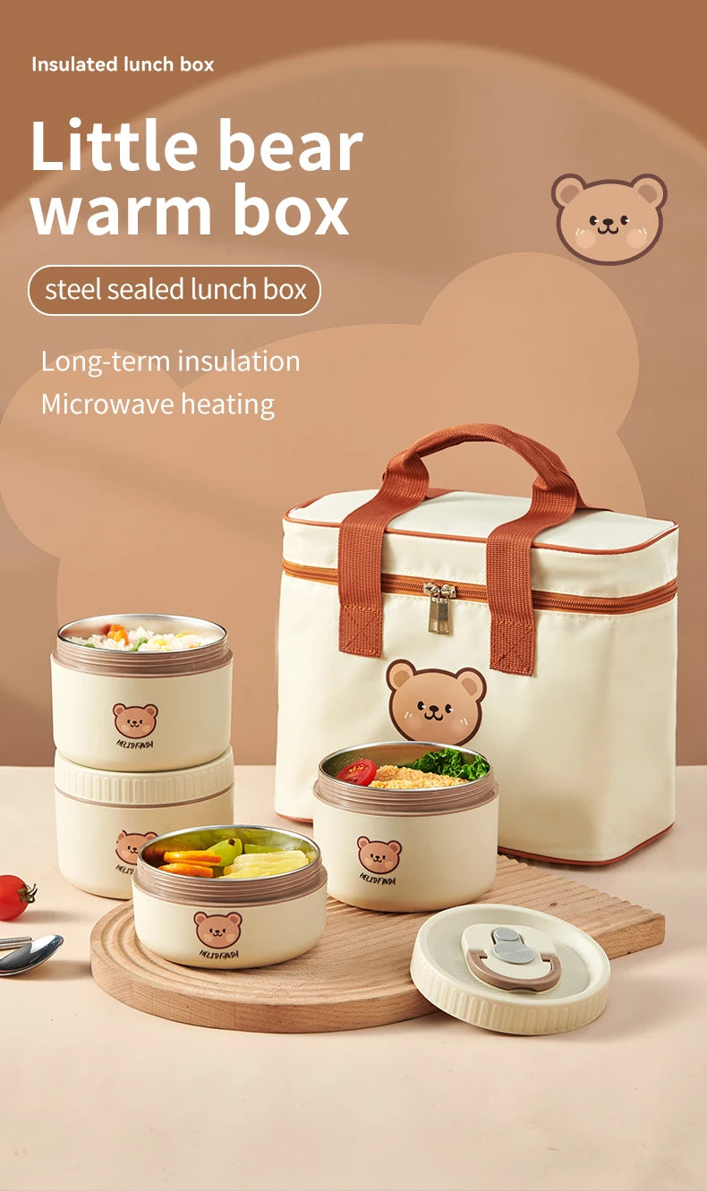WORTHBUY Cute Bear 304 Stainless Steel Thermal Lunch Box For Kids Adults Portable Microwave Bento Box Leak Proof Food Container