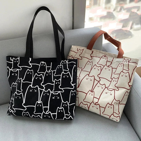 Cute Cat Shopper Handbags Shoulder Fashion Canvas Casual Shopping Girls Women Graphic Tote BagJapanese Cartoon Small Shoulder - Tasawoq