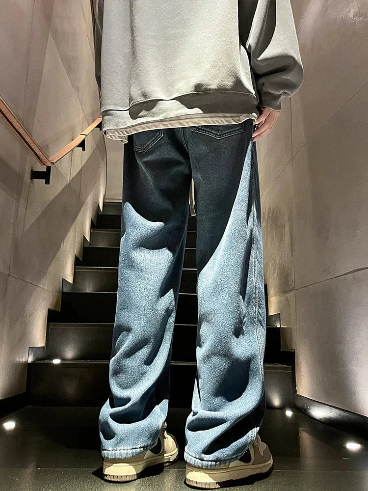 Winter Men's Jeans Korean Fashion Fleece Liner Thick Warm Straight Denim Pants Washed Cotton Retro Blue Wide Leg Jean Trousers - Tasawoq