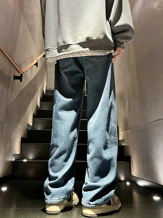 Winter Men's Jeans Korean Fashion Fleece Liner Thick Warm Straight Denim Pants Washed Cotton Retro Blue Wide Leg Jean Trousers - Tasawoq