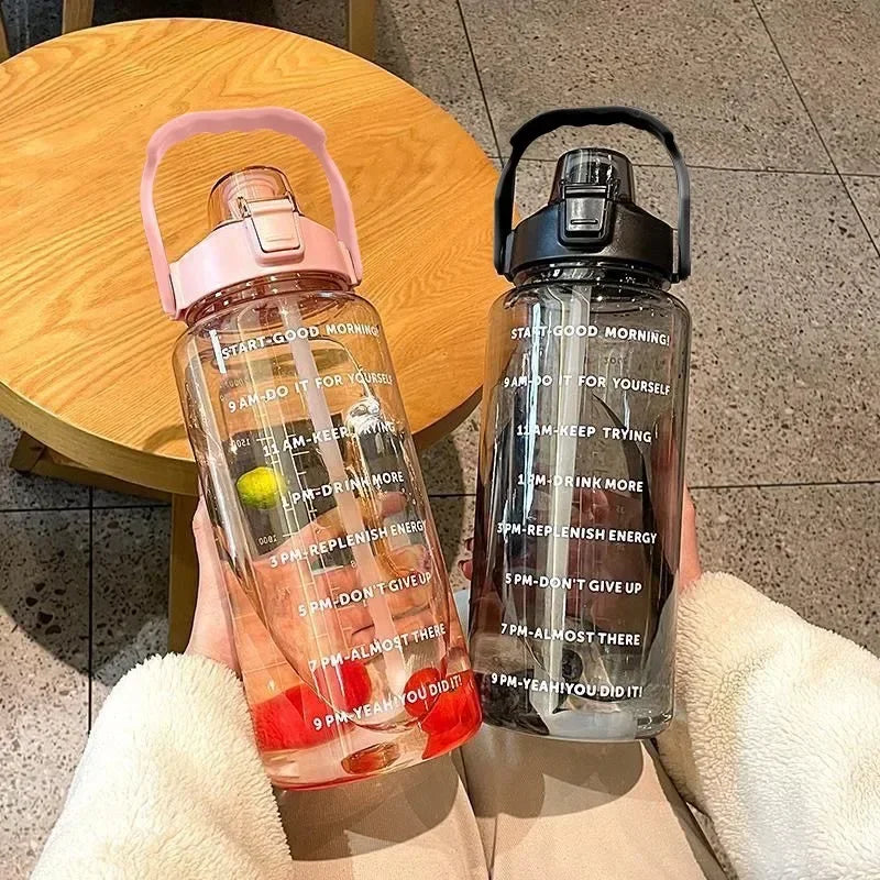 2 Liters Plastic Kettle Large Portable Travel Water Bottle with Straw Sports Fitness Cup High Value Big Fat Cup Adult Universal