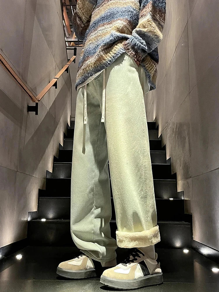 Winter Men's Jeans Korean Fashion Fleece Liner Thick Warm Straight Denim Pants Washed Cotton Retro Blue Wide Leg Jean Trousers - Tasawoq