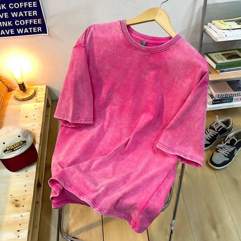 Vintage Snowflake Point Solid Color T-Shirts For Men Women 100% Cotton Short Sleeve Wash With Old Water Street Hip Hop Tee Shirt - Tasawoq