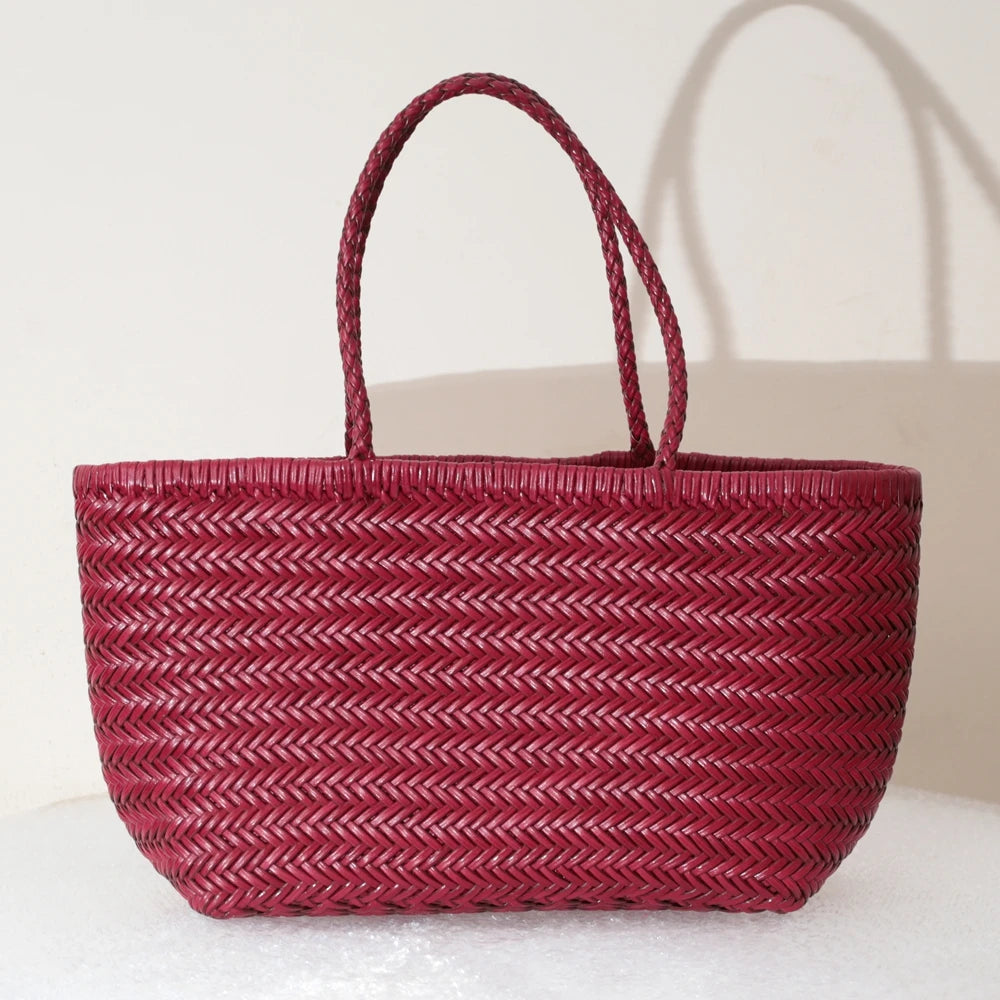 Handbags Women's Genuine Leather Shoulder Bag Weaving Casual Shopping Bag Vintage Big Tote Purse Cowhide Cross Hand Bags Lady - Tasawoq