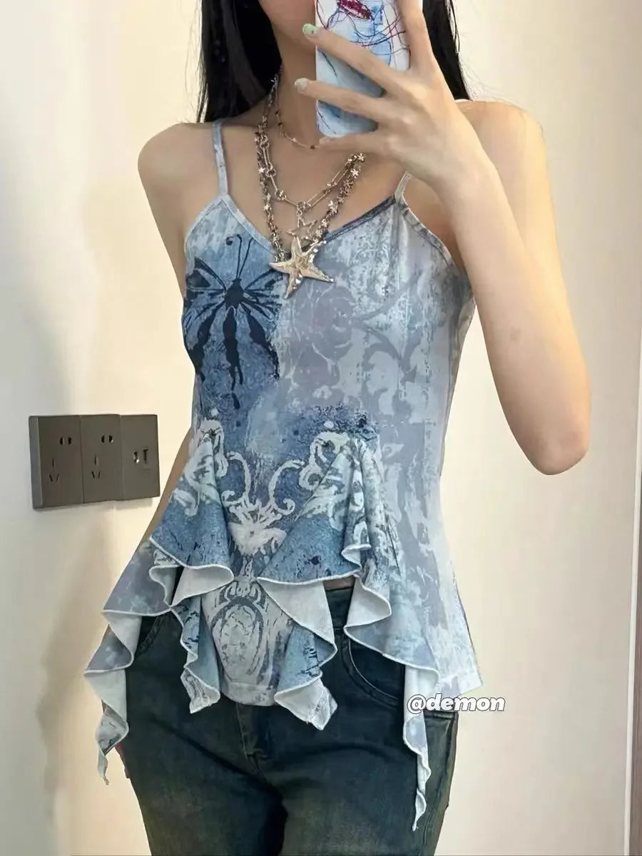 Asymetrical Tanks Camis for Women Niche Design Summer Personality Girls Clothing Fashion Tie Dye Outwear Casual Chic Students - Tasawoq