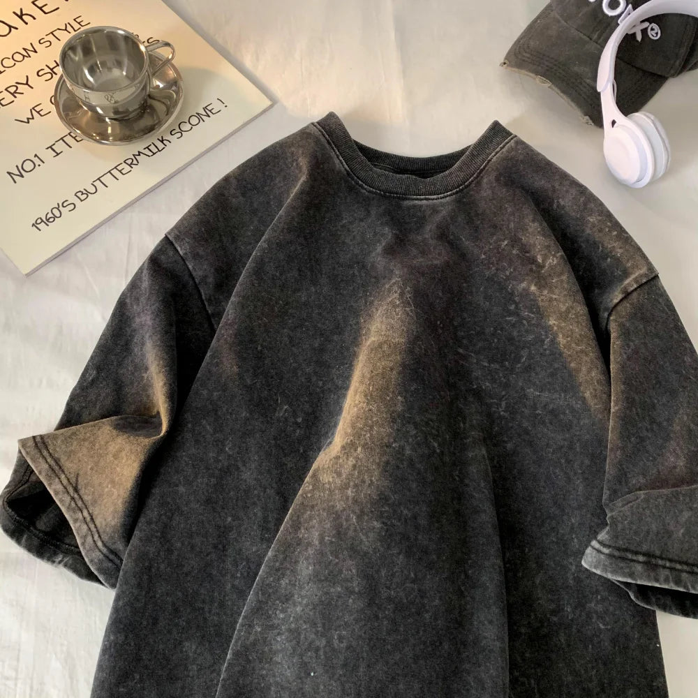 230G Cotton Retro T-shirt Drop-shoulder Sleeve Men Women Vintage Short-sleeve T Shirts Solid Color Hip Hop Loose Tees - Tasawoq