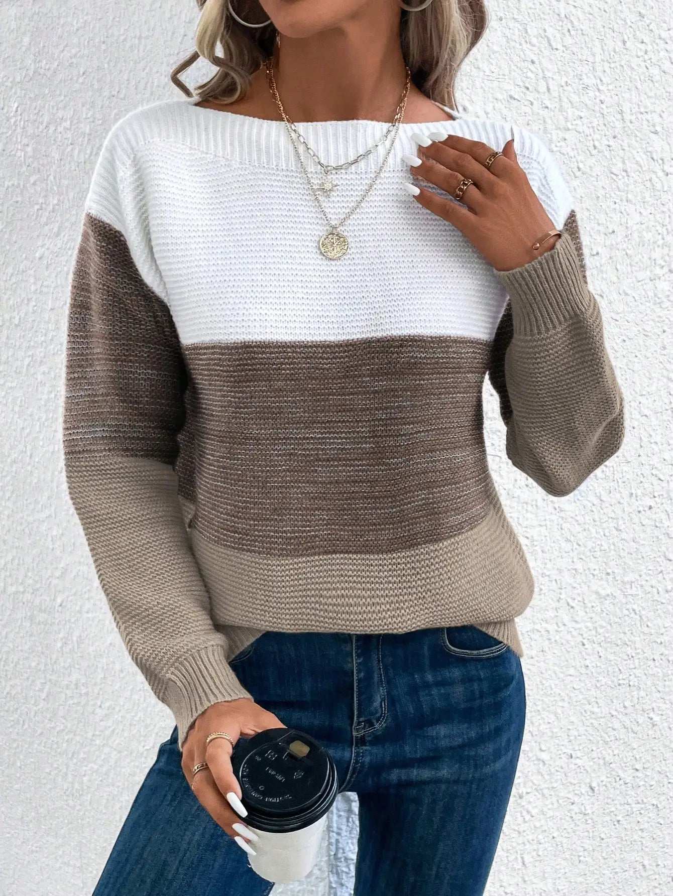 Elegant Three-color Patchwork Sweater Women Daily Commuter Casual Loose Jumpers Female Autumn Winter Knitted Thickened Warm Tops - Tasawoq