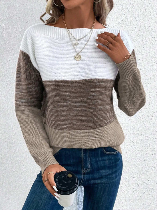 Elegant Three-color Patchwork Sweater Women Daily Commuter Casual Loose Jumpers Female Autumn Winter Knitted Thickened Warm Tops - Tasawoq