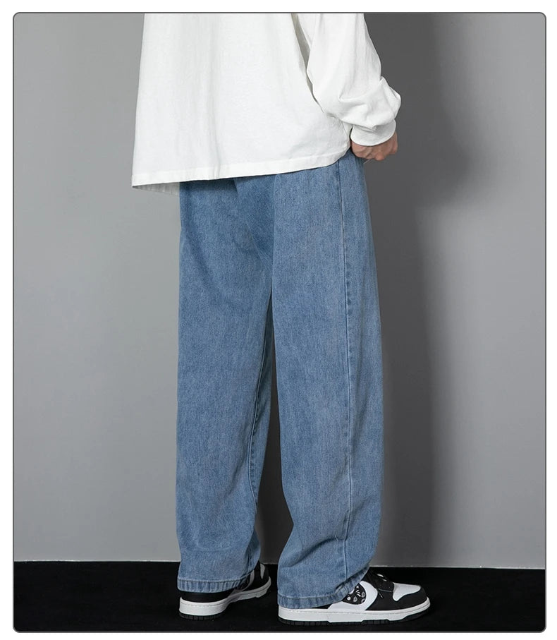 2025 New Korean Men's Casual Long Jeans Classic Man Straight Denim Wide-leg Pants Solid Color Light Blue Grey Black - Tasawoq