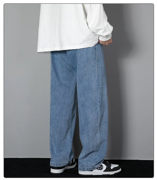 2025 New Korean Men's Casual Long Jeans Classic Man Straight Denim Wide-leg Pants Solid Color Light Blue Grey Black - Tasawoq