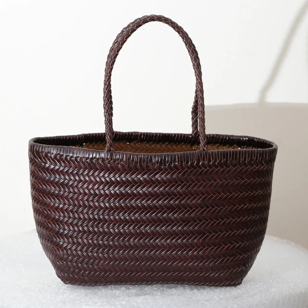 Handbags Women's Genuine Leather Shoulder Bag Weaving Casual Shopping Bag Vintage Big Tote Purse Cowhide Cross Hand Bags Lady - Tasawoq