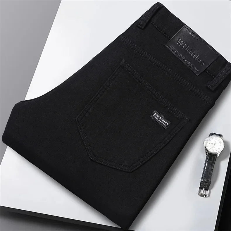 WTHINLEE Winter Men Black Straight Stretch Denim Thick Velvet Pants Warm Jeans Casual Fleece Line Trousers Male Plus Size - Tasawoq