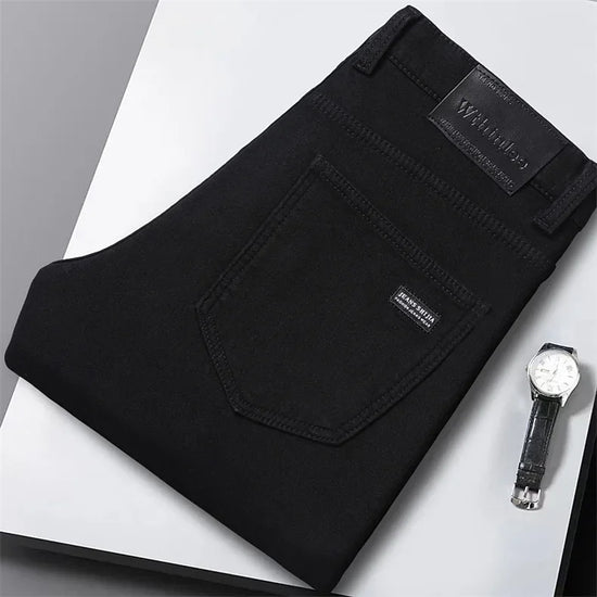 WTHINLEE Winter Men Black Straight Stretch Denim Thick Velvet Pants Warm Jeans Casual Fleece Line Trousers Male Plus Size - Tasawoq