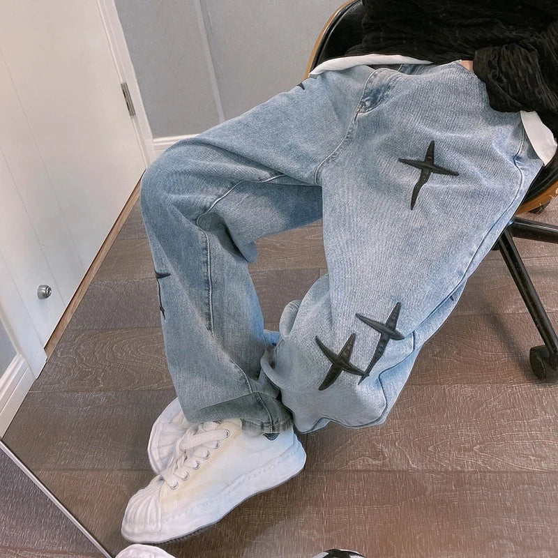 Prints Jeans Men 2023 New Streetwear Baggy Wide Leg Jeans Korean Fashion Drapes Straight Casual Loose Denim Cargo Pants - Tasawoq