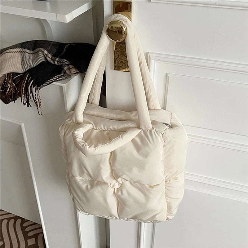 Women Retro Checkered Quilted Shoulder Bag Solid Color Winter Soft Handbags Soft Tote Handbags - Tasawoq