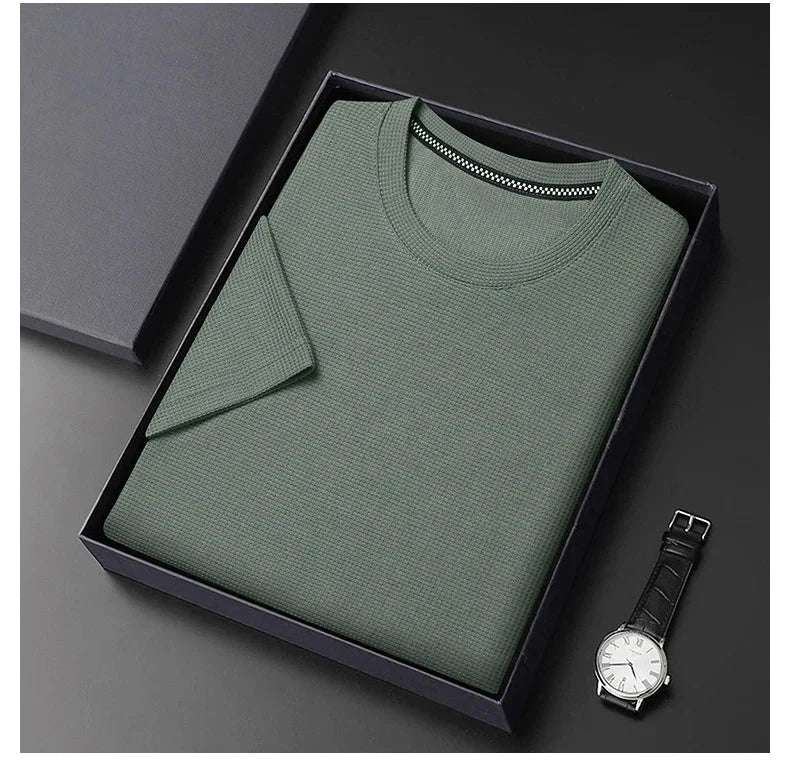 New Summer Waffle Round Neck Short Sleeved T-shirt for Men's Short Sleeved Top - Tasawoq