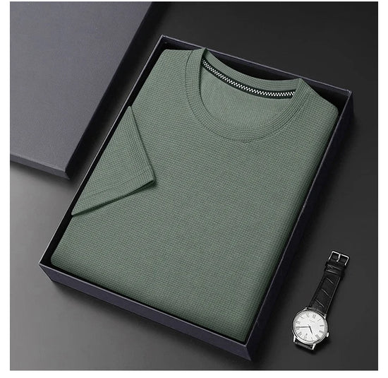 New Summer Waffle Round Neck Short Sleeved T-shirt for Men's Short Sleeved Top - Tasawoq