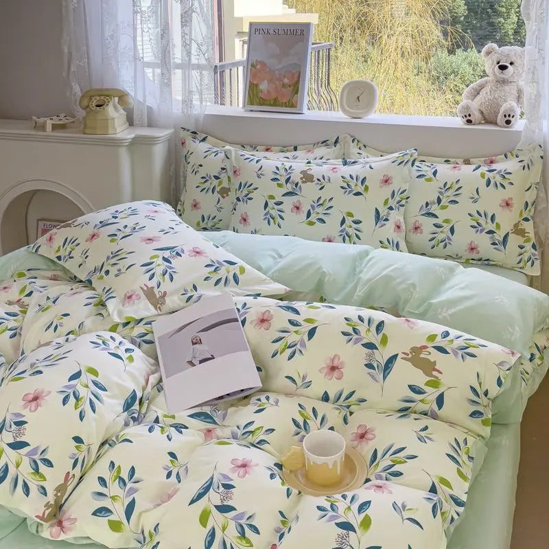 Pink Floral Bedding Set Soft Ins Single Double Queen Size Duvet Cover Flat Sheet Pillowcase Girls Home Totel Bed Linens - Tasawoq