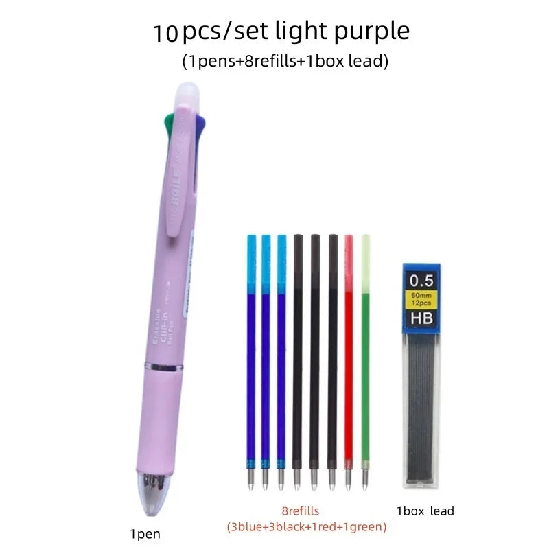 5 In 1 Multicolor Erasable Gel Pen with 4 Colors Replaceable Pen Refill 1 Automatic Pencil Lead Stationery School Writing Supply