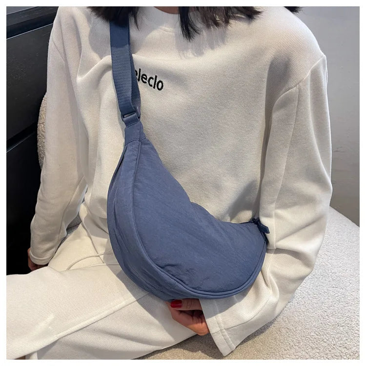 Solid Color Women's Portable Shoulder Bag Simple Female Nylon Cloth Padded Crossbody Bags Travel Purse Handbags Messenger Bag - Tasawoq