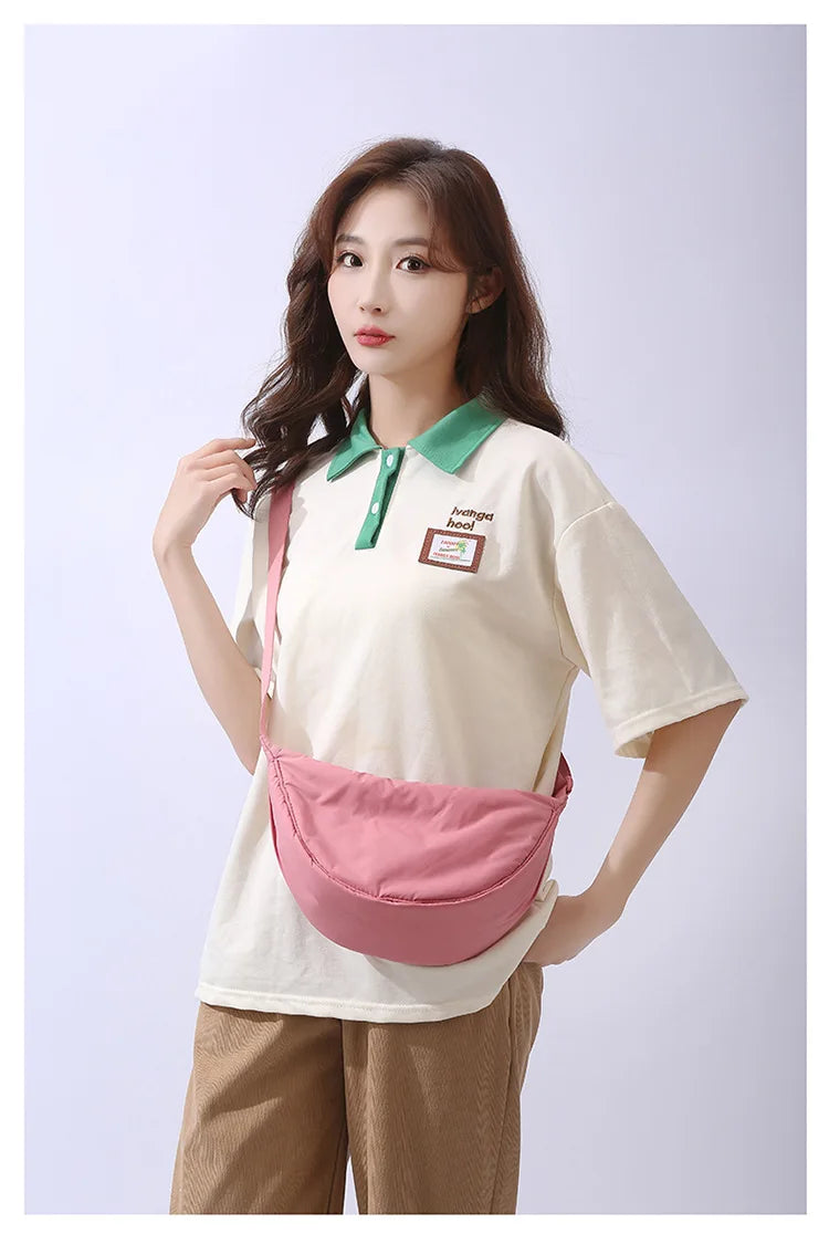 Solid Color Women's Portable Shoulder Bag Simple Female Nylon Cloth Padded Crossbody Bags Travel Purse Handbags Messenger Bag - Tasawoq