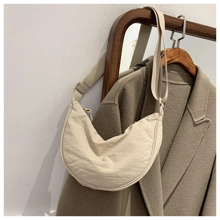 Solid Color Women's Portable Shoulder Bag Simple Female Nylon Cloth Padded Crossbody Bags Travel Purse Handbags Messenger Bag - Tasawoq