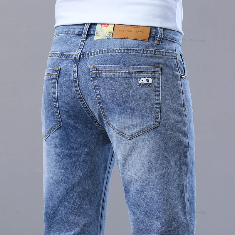 Spring Men's Light Blue Slim Jeans Stylish Casual Stretch Fabric Denim Pants Classic Trousers Smoke Gray - Tasawoq