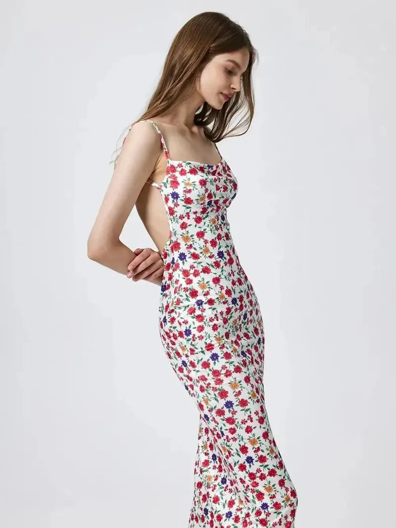 Long Floral Suspender Dress Nsummer Sexy Backless Slimming Beach Dress Fashionable Simple Printed Banquet Women's Clothing - Tasawoq