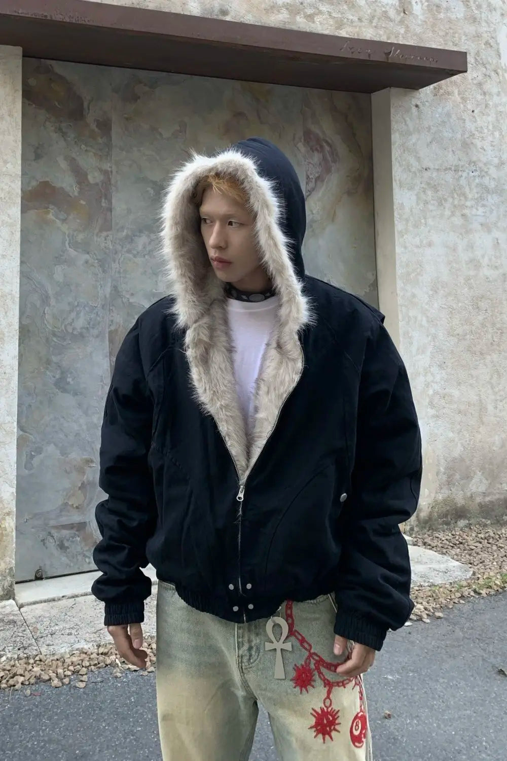 American Retro Woolen Collar Hooded Cotton Jacket Winter Thick Plush Top Men Street Hip-Hop Gothic Harajuku Oversize Jacket Coat - Tasawoq