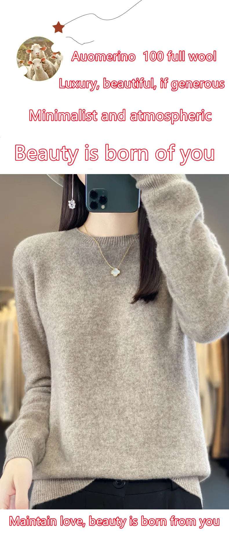 Women's 100% Beautiful Wool Round Neck Top Fashion Versatile Knitted Loose Long Sleeve Pullover Thin Sweater Yuan Ling - Tasawoq