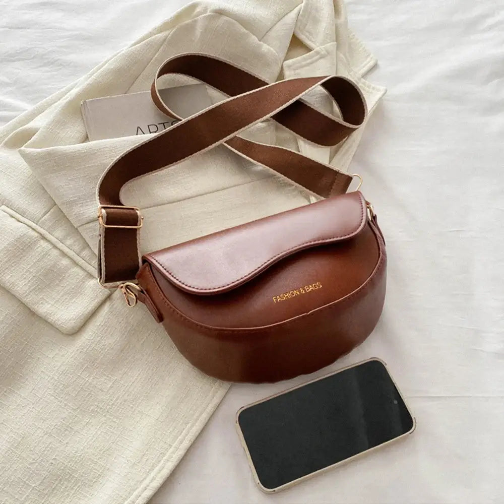 Women Vintage Solid Color Flap Small Saddle Shoulder Underarm Bag Fashion PU Leather Wide Strap Crossbody Bag Shoulder bag zwq - Tasawoq