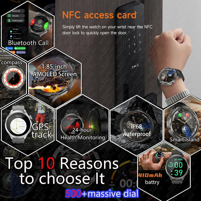 New 1.85"AMOLED HD Smart Watch Men GPS Outdoor Sports Compass Waterproof Watches NFC Health Monitor Bluetooth Call Smartwatch - Tasawoq