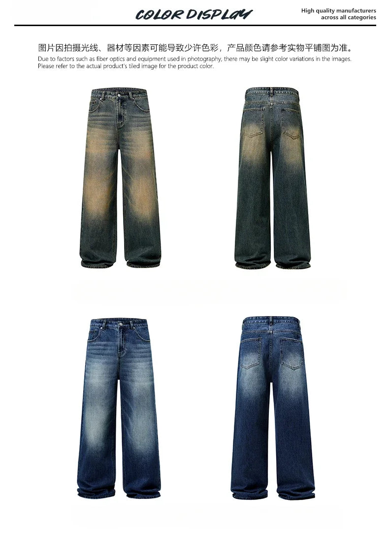 4 Colors Autumn Vintage Distressed Men's Baggy Straight Jeans Fashion Korean High Street Denim Pants Streetwear Male Trousers - Tasawoq