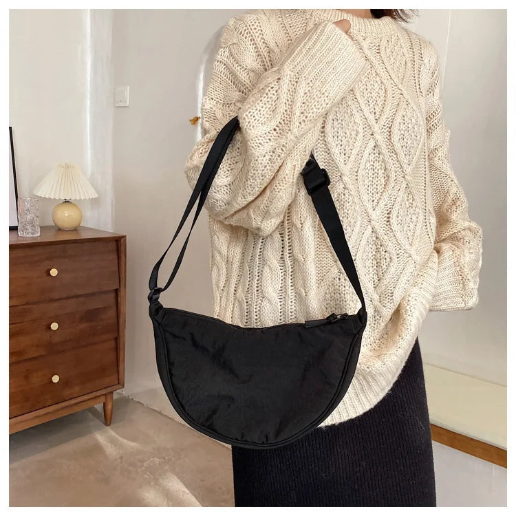 Solid Color Women's Portable Shoulder Bag Simple Female Nylon Cloth Padded Crossbody Bags Travel Purse Handbags Messenger Bag - Tasawoq