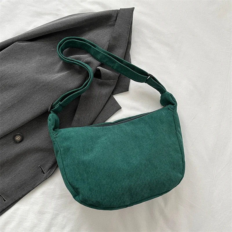 Corduroy Shoulder Bag Minimalist Crossbody Bag Women's Handbags Fashion Fabric Underarm Bag Solid Color Zipper Female Handbag - Tasawoq