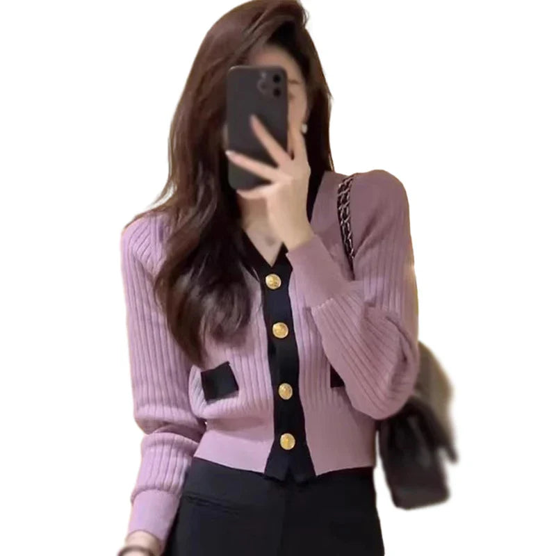 Women's Korean Version Sweater jacket V-neck Knitted Long Sleeved Cardigan Jacket - Tasawoq