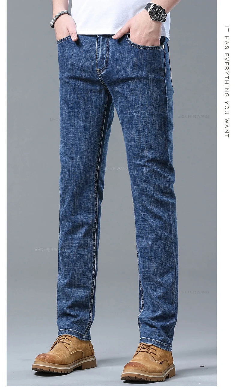 Spring Men's Light Blue Slim Jeans Stylish Casual Stretch Fabric Denim Pants Classic Trousers Smoke Gray - Tasawoq
