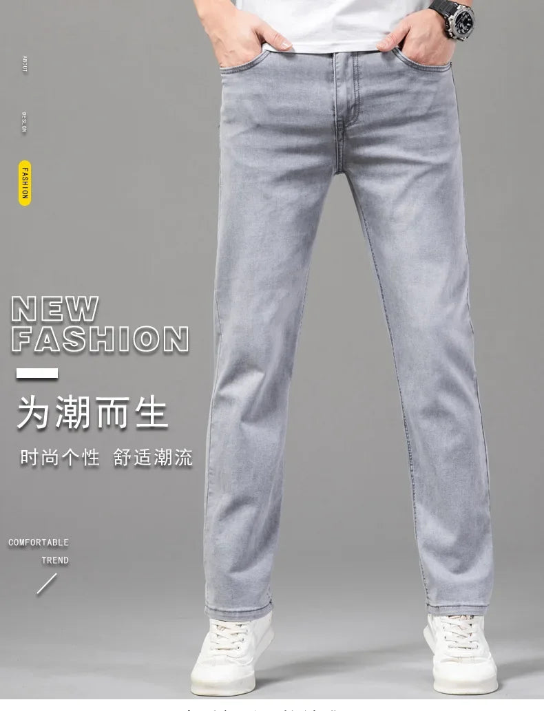 Summer Thin Men's Elastic Cotton Jeans Fashion Gray Comfortable Business Straight Casual Pants Brand Male Clothes Trousers - Tasawoq