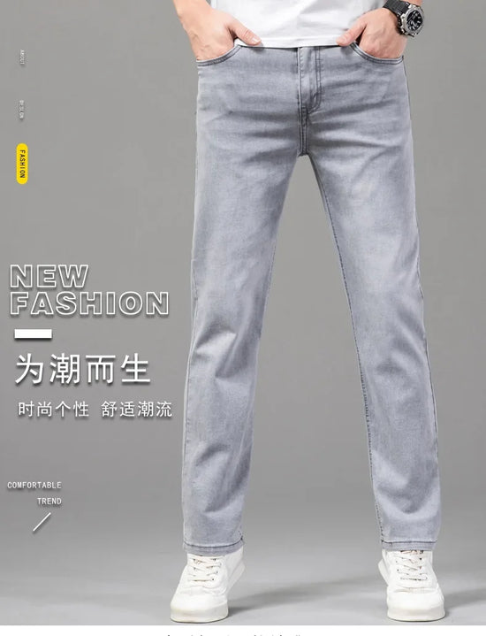 Summer Thin Men's Elastic Cotton Jeans Fashion Gray Comfortable Business Straight Casual Pants Brand Male Clothes Trousers - Tasawoq