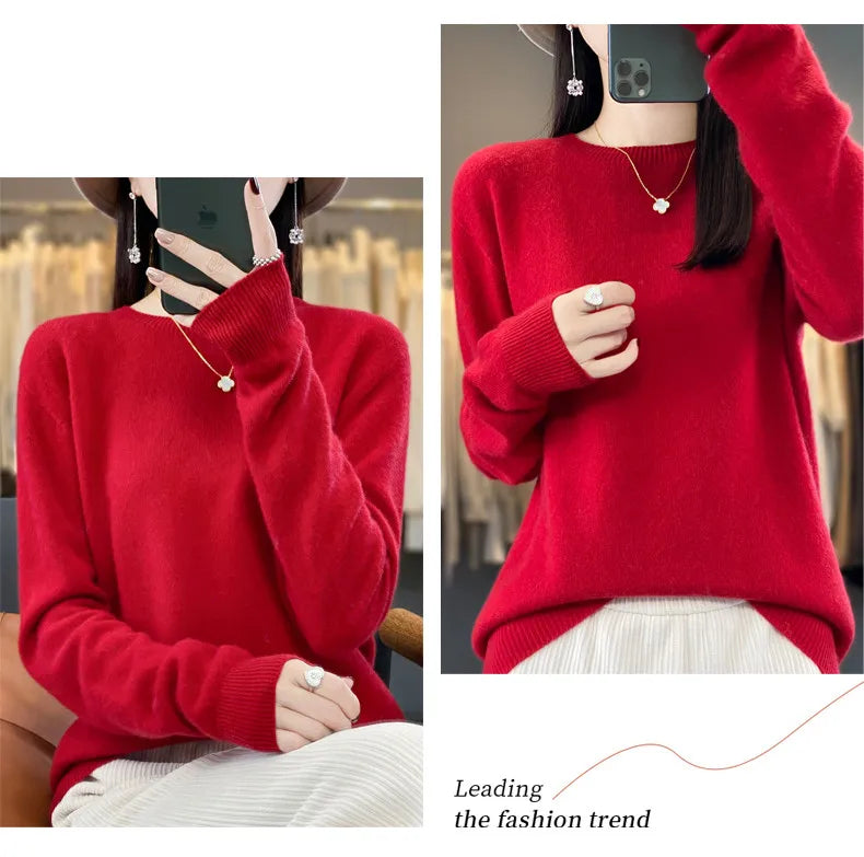 Women's 100% Beautiful Wool Round Neck Top Fashion Versatile Knitted Loose Long Sleeve Pullover Thin Sweater Yuan Ling - Tasawoq