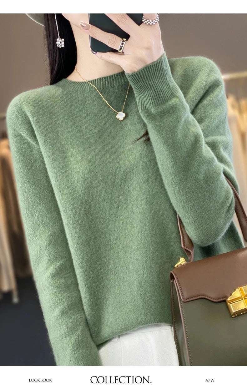 Women's 100% Beautiful Wool Round Neck Top Fashion Versatile Knitted Loose Long Sleeve Pullover Thin Sweater Yuan Ling - Tasawoq