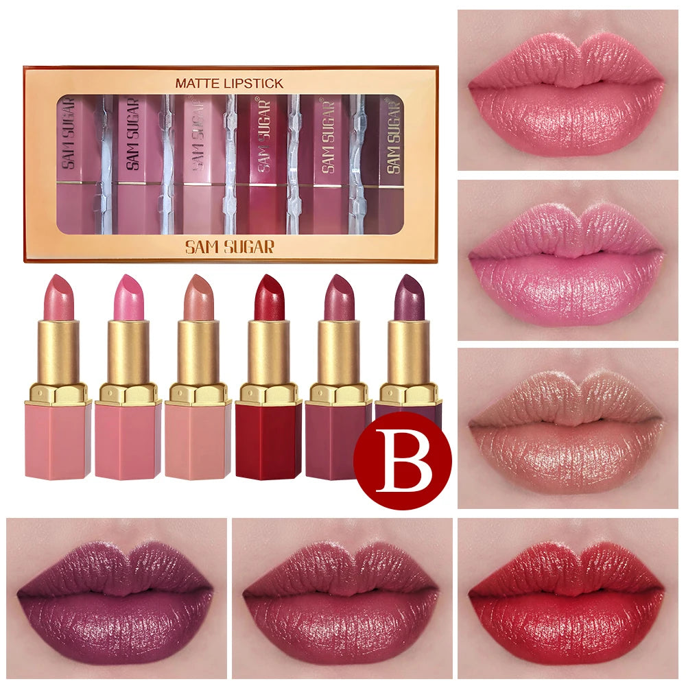 6 Colors Gold Bar Tube Lipstick Matte Texture Pearlescent Glitter Velvet Lipstick Valentine's Day Gift 6PCS - Tasawoq