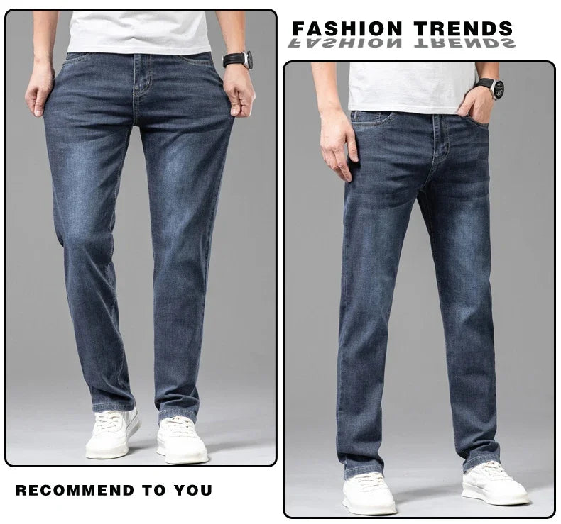 Summer Thin Men's Elastic Cotton Jeans Fashion Gray Comfortable Business Straight Casual Pants Brand Male Clothes Trousers - Tasawoq